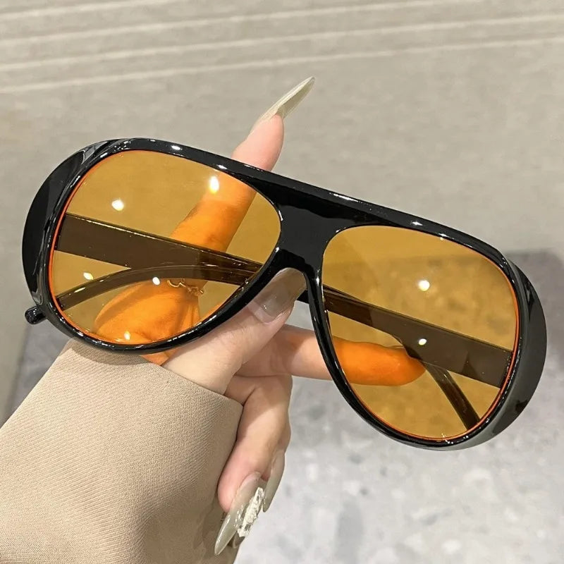 2026 Trend Oversized Pilot Sunglasses For Women Vintage Double Bridge Orange Yellow Lens UV400 Beach Travel Sun Shades Eyeglasse
