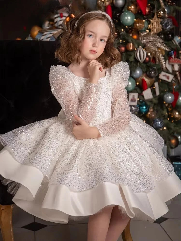 Girls Sequin Mesh Long Sleeve Birthday Party Dress Baby Girl Opening Ceremony Prom Gown New Childrens Dress Cute Kids Clothes