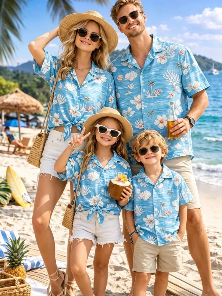 New Mother Kids Family Wear Beach Hawaiian Shirt Tropical Sandcastle Palm Tree Shirt Outdoor Sports Sparent Shirts Child T-Shirt