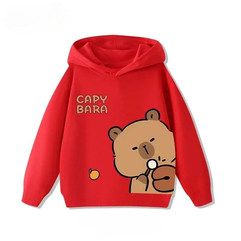Autumn Winter Cartoon Cute Capybara Print Children's Hooded Hoodies Casual Fashionable Comfortable Boy Girl Sweatshirt Pullover