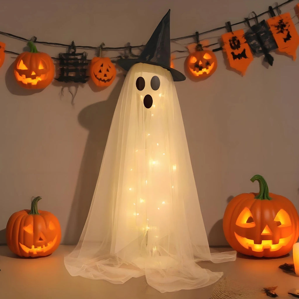Halloween Large Standing White Gauze Wizard Hat Ghost Cute Funny Scary Expression Imp Party Decoration Background Wall Prop Heig