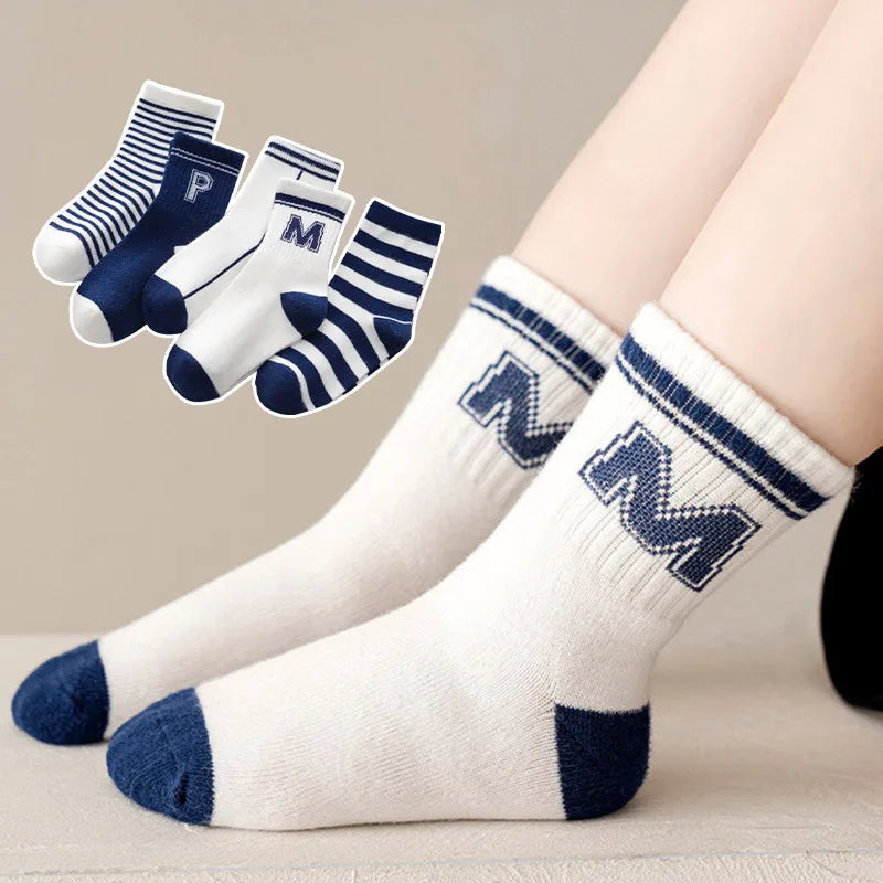 5Pairs/Lot Kids Boys Socks Korean Letter Stripe Print Sock for Kids Spring Autumn Soft Cotton Children Sport Socks