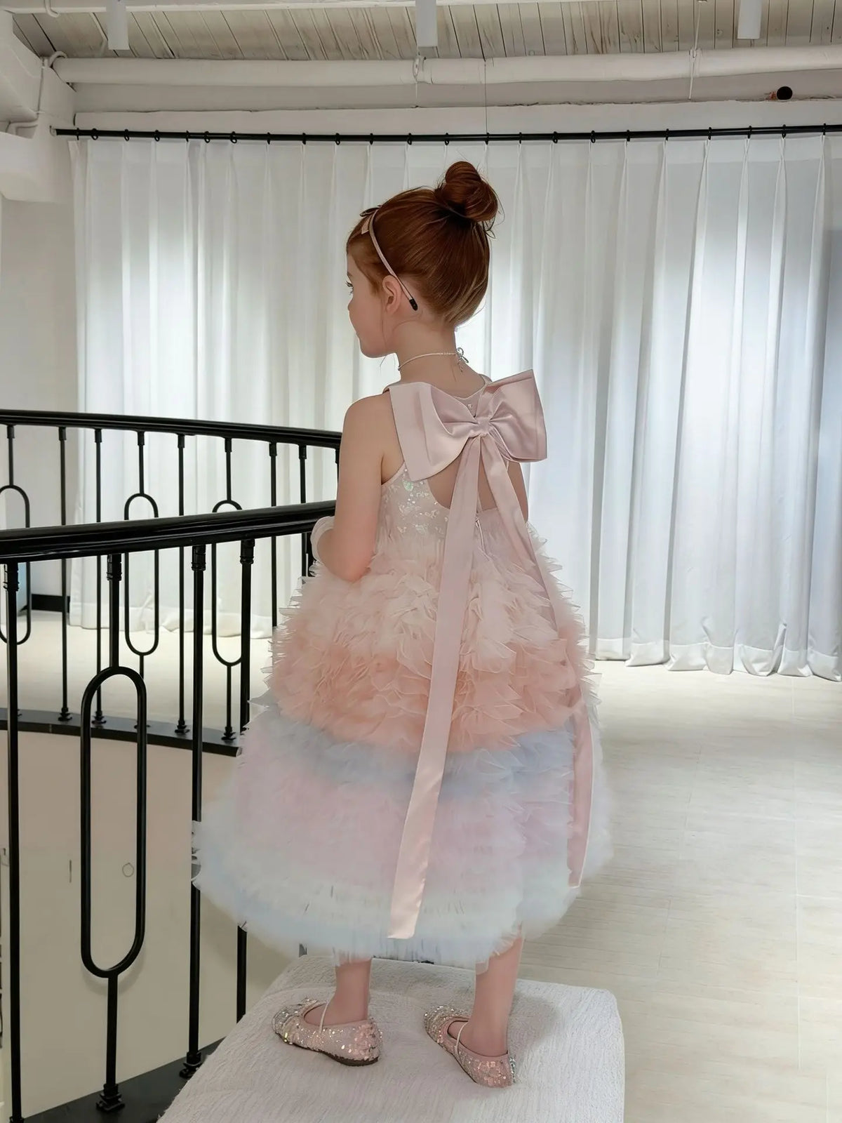 2025Girls' Spring, Summer and Autumn New Korean-Style Gradient Heavy Industry Cake Sequined Flower Puffy Dress