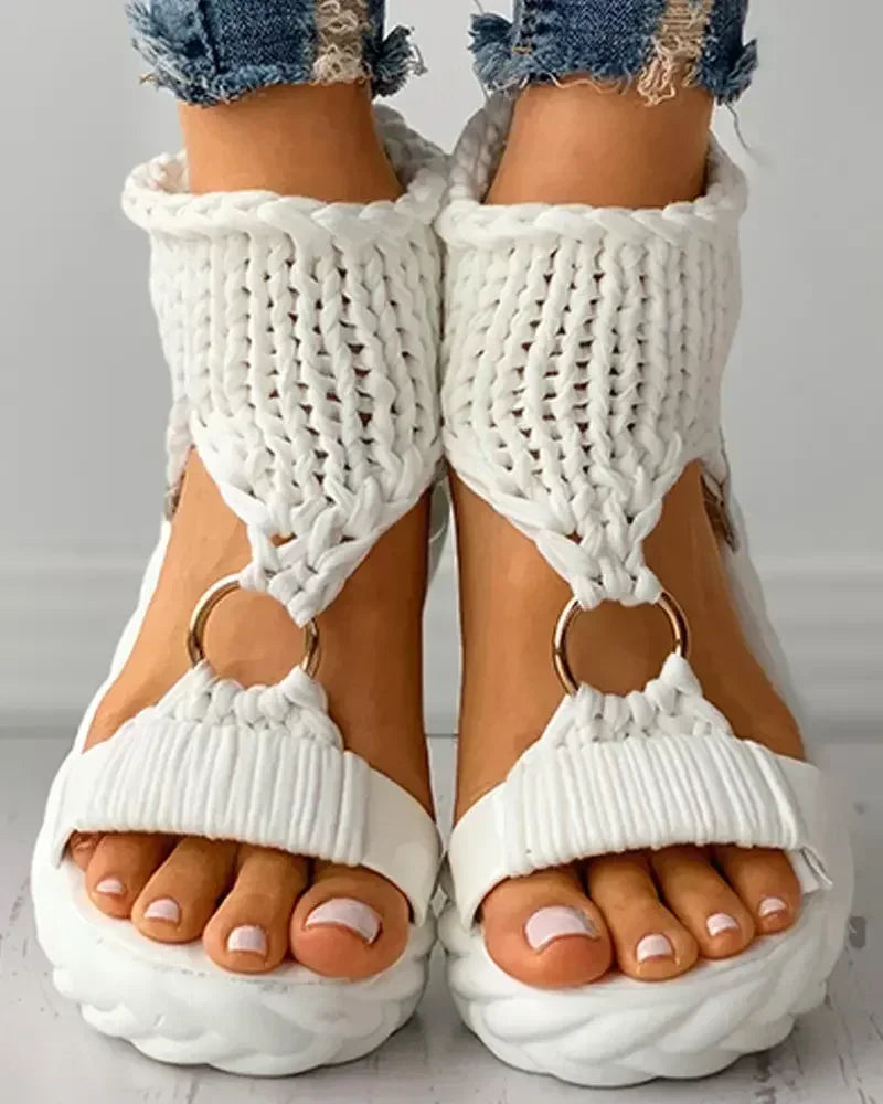 Sandals Women's Braided Knit O-Ring Cutout Platform Summer Gladiator Sandals Shoes Thick Heels Ladies White Sandalias Casual