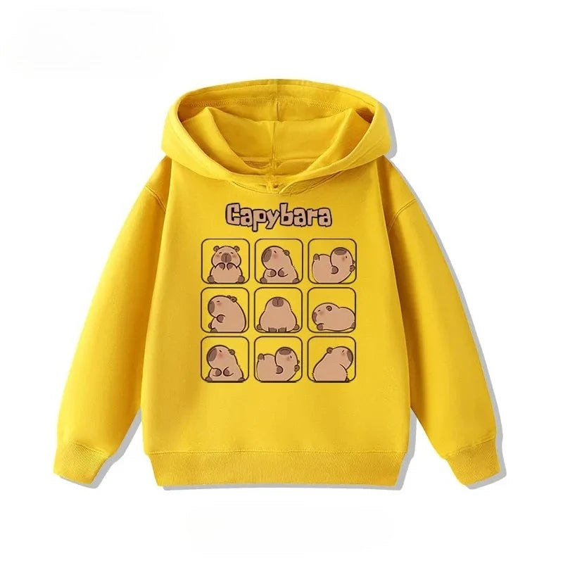Autumn Winter Cartoon Cute Capybara Print Children's Hooded Hoodies Casual Fashionable Comfortable Boy Girl Sweatshirt Pullover