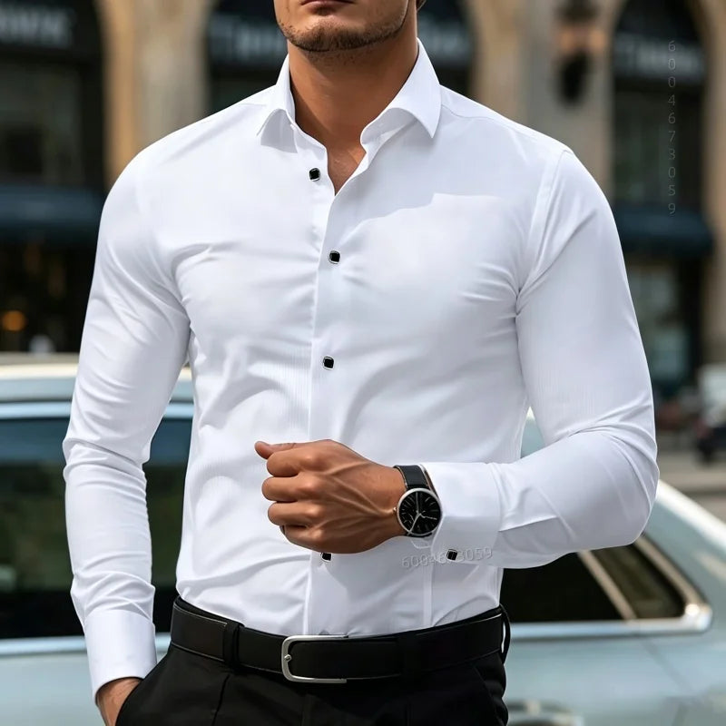 2026 New Men's Contrasting Striped Shirt Street Style Black and White Striped Slim Fit Shirt Business Casual Formal Shirt XS-6XL