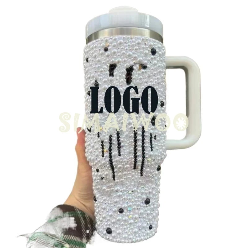 Logo Custmizable Tumbler DIY Rhinestone Ice Drink Bottle Double Layer Vacuum Thermal Insulation Handle Cup Pearl Bead Bling Gift