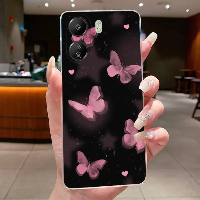 Case For Xiaomi Redmi 13C Poco C65 4G Capa Flower Butterfly Phone Casing Redmi13C Poco M6 5G Soft Silicone Transparent TPU Cover
