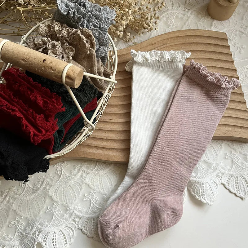 Autumn Ruffle Baby Girls Socks Knee High Lace Long Sock Kids Soft Cotton Toddlers Socks Children Princess Socks For 0-5Years