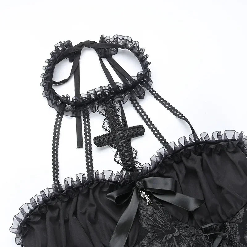 Mall Gothic Emo Jacquard A-line Dresses Goth dress Elegant Grunge Ruched Bandage Partywear Punk Black Women Halloween Club Dress