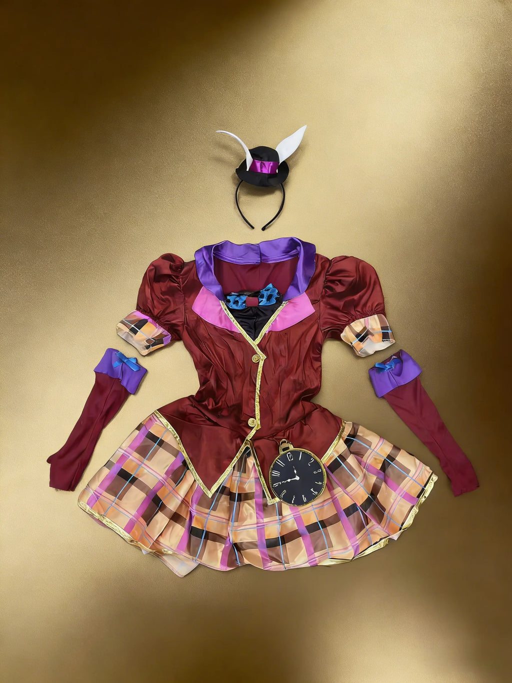 Alice Theme Rabbit Girl Costume Set, Plaid Dress with Clock Decor for Halloween Cosplay Party