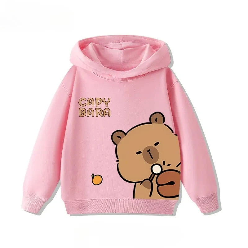 Autumn Winter Cartoon Cute Capybara Print Children's Hooded Hoodies Casual Fashionable Comfortable Boy Girl Sweatshirt Pullover