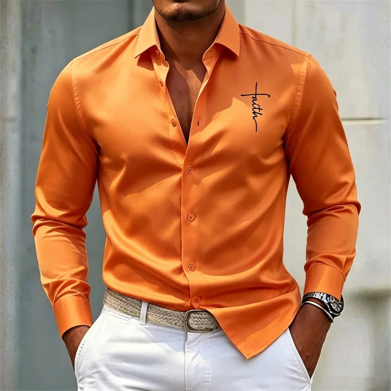 2026 new men's shirt solid color long sleeved shirt slim fit no iron business casual formal wear personalized letter printed top