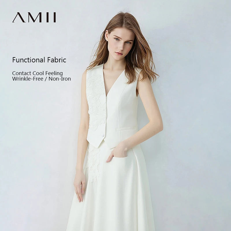 Amii Women's Vest Top 2026 Summer New V Neck Sleeveless Lace Splicing Vest Elegant Office Straight Short Tank For Women 12622027
