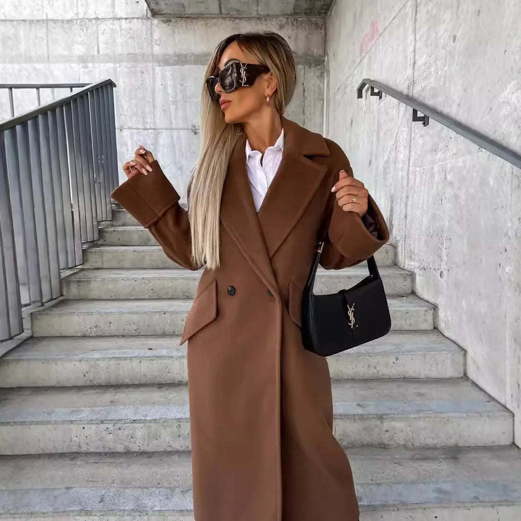 Women Oversized Lapel Long Wool Coat Single Front Button Side Pocket Loose Fit Warm Outerwear