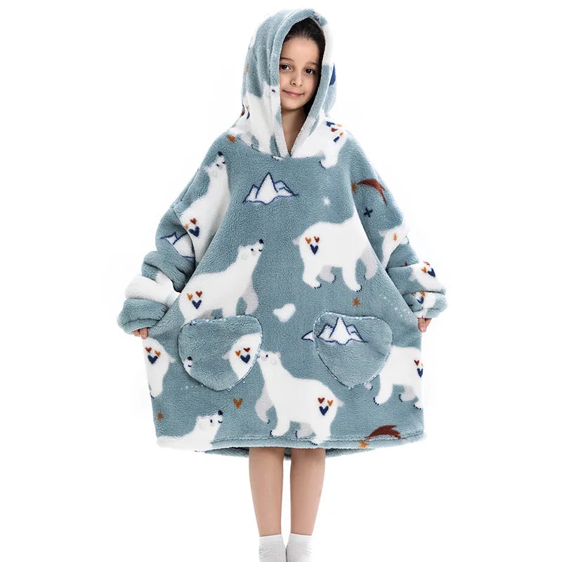 Kids Oversized Hoodie Blanket With Sleeve Boy Girl Sweatshirt Winter Fleece Hoody Avocado Rainbow Dinosaur Print Hooded Sweat