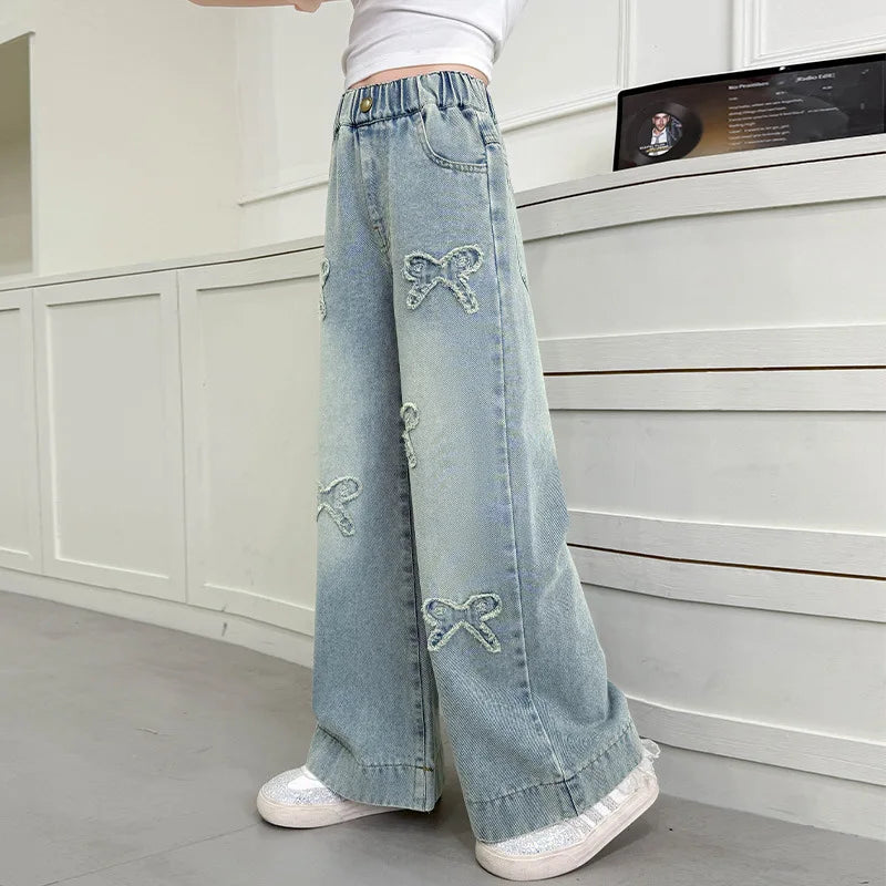 American Retro Kids Baggy Jeans with Bows For Girls Fashion Stretch Elastic Waist Denim Pants Child Wide Leg Jeans Trousers 5-14