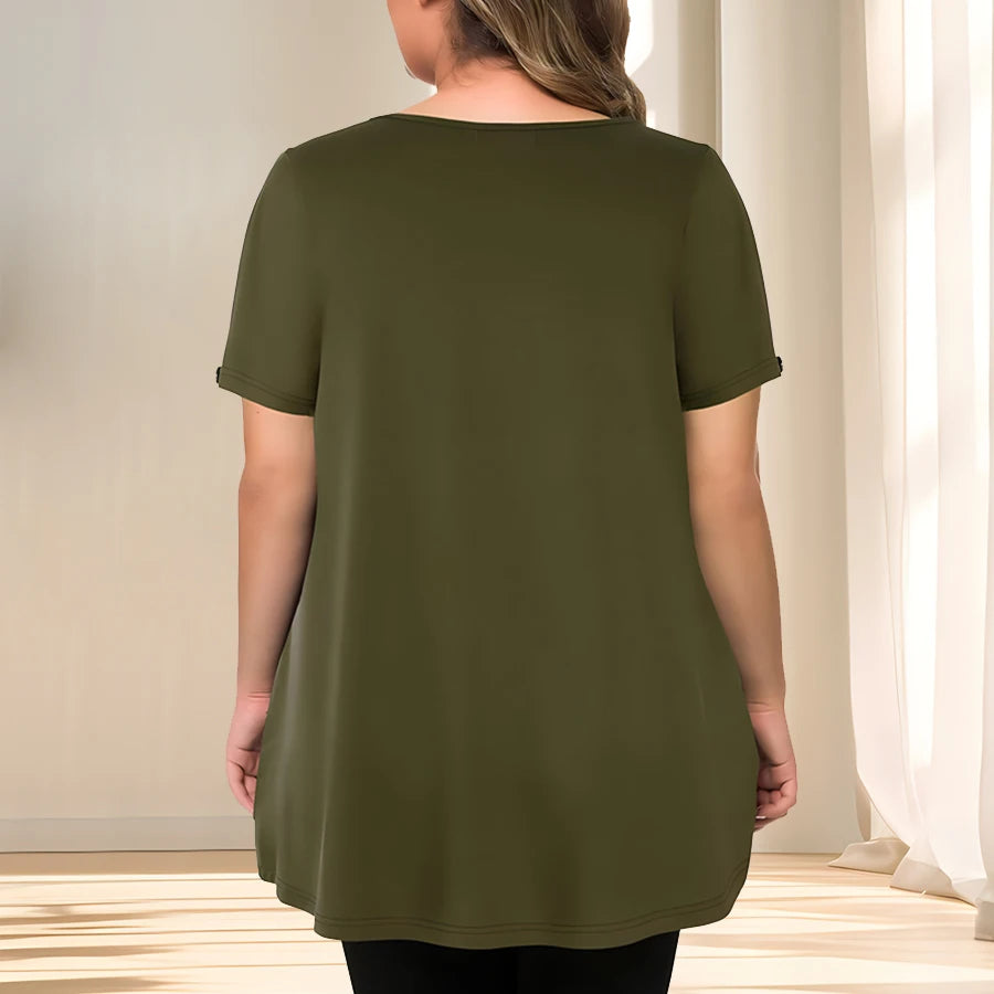 [Elegant Plus Size Blouse] Lightweight Polyester Women's Casual Crew Neck Short Sleeve Blouse, Plus Size | Solid Color, Subtle S