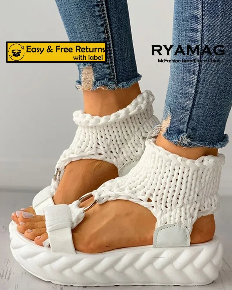 Sandals Women's Braided Knit O-Ring Cutout Platform Summer Gladiator Sandals Shoes Thick Heels Ladies White Sandalias Casual