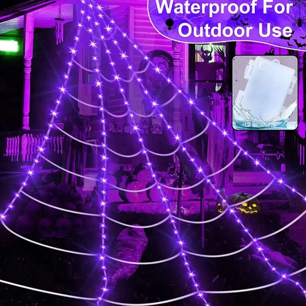 8 Modes Halloween Spider Web Lights Waterproof Glow LED Spider Net Hanging 250 LEDs Luminous Halloween Spider Haunted House