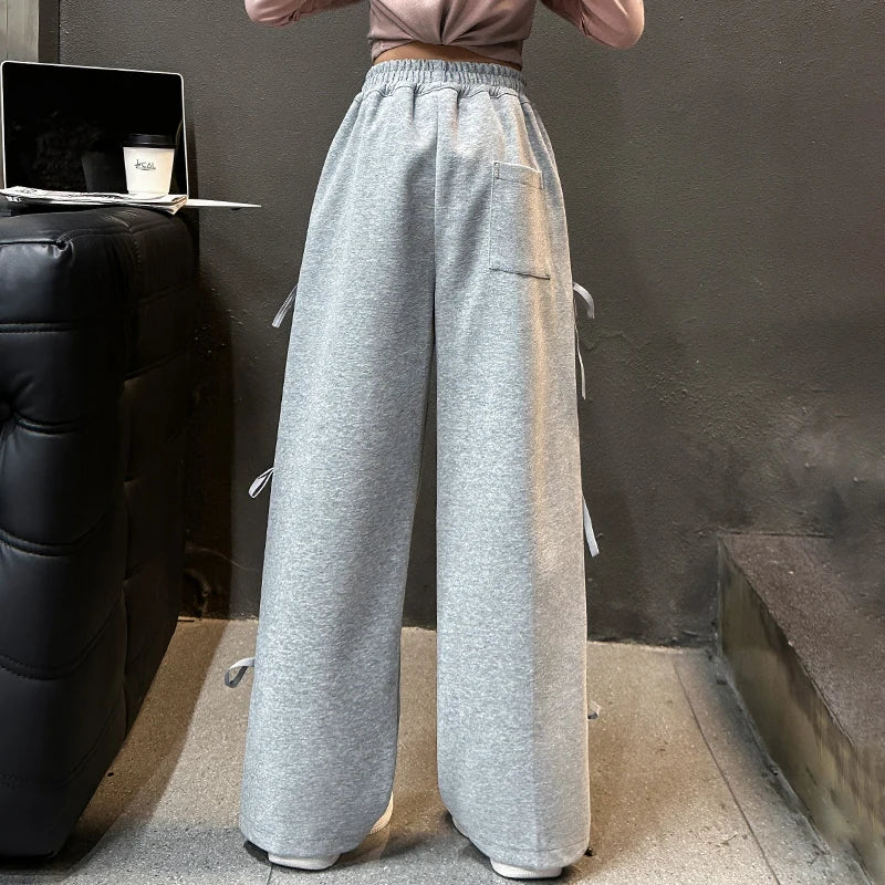 Autumn Child Cotton Sports Pants with Side Bows For Girls Grey Color Casual Trousers Teenage Kids High Street Sporty Sweatpants