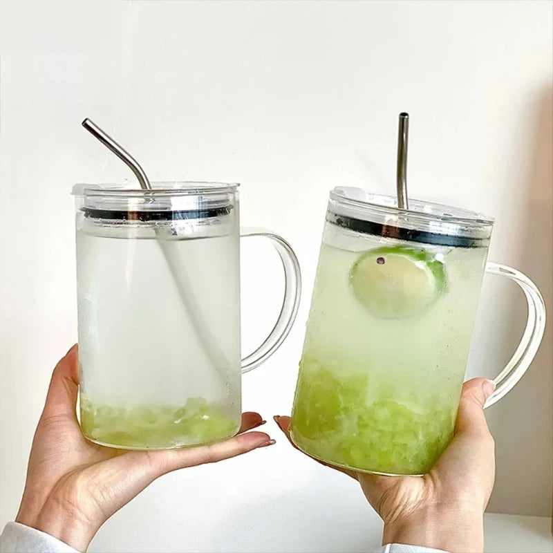 1000ml Large Capacity Glass Tumbler with Lid & Straw - Graduated Markings, Leakproof Design for Iced Coffee & Cold Beverages