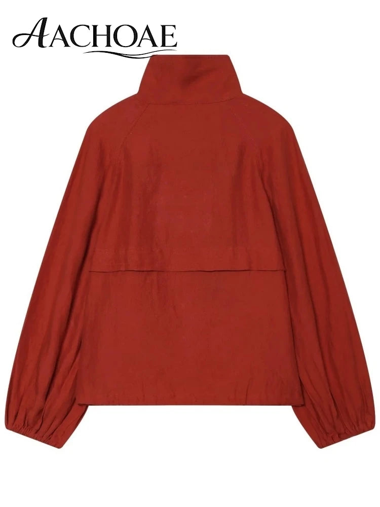 AACHOAE Women High Neck Lightweight Jacket Casual Long Sleeve Windbreaker Coat Drawstring Hem Button Front Short Outerwear