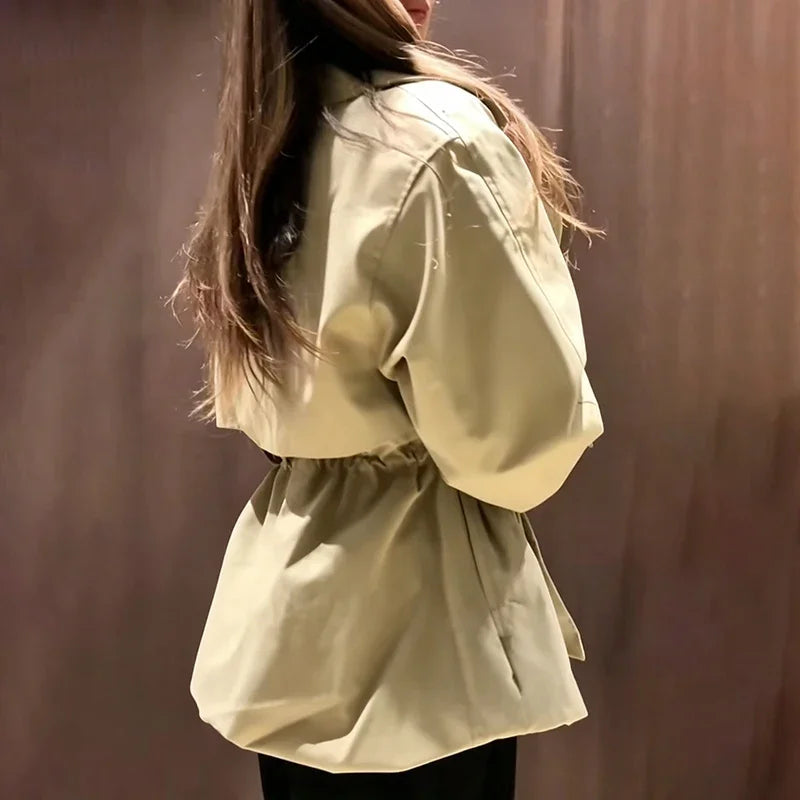 Simple Commute Lady Trench Coat Collar Tie Waist Cinched Button Patchwork Jacket 2026 Fall Chic Korean Office Daily Outerwear