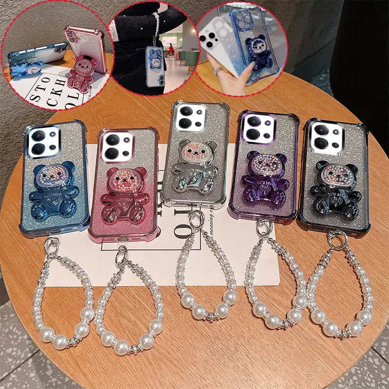 Cute Bear Cartoon Holder Pearl Lanyard Strap Shockproof Glitter Phone Case For Xiaomi Redmi 15C EUR Global Poco C85 Back Cover