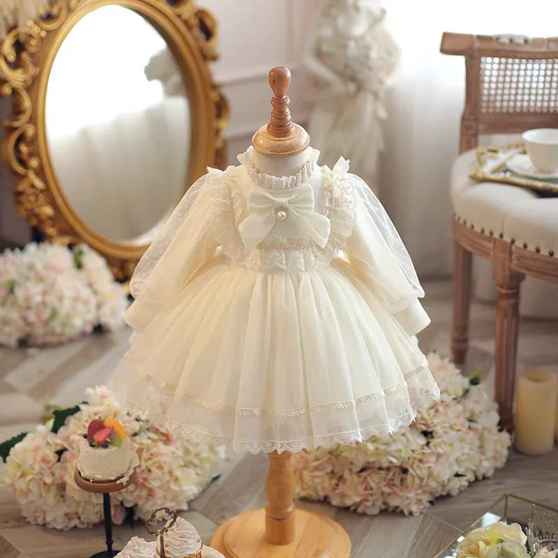 Girls Spring Autumn Winter New Baby First Birthday Mesh Long Sleeve Bow Lace Princess Dress