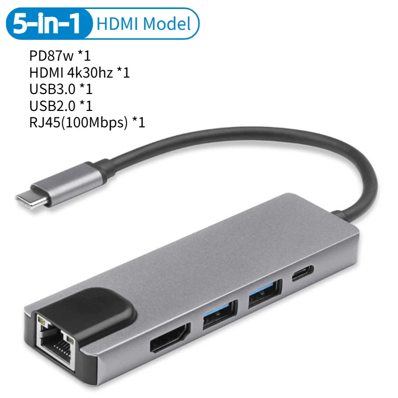 5/8Ports USB C Docking Station Type C to HDMI 4K/RJ45 100M Splitter USB3.0 5Gbps High Speed USB C HUB Adapter For Laptop Macbook