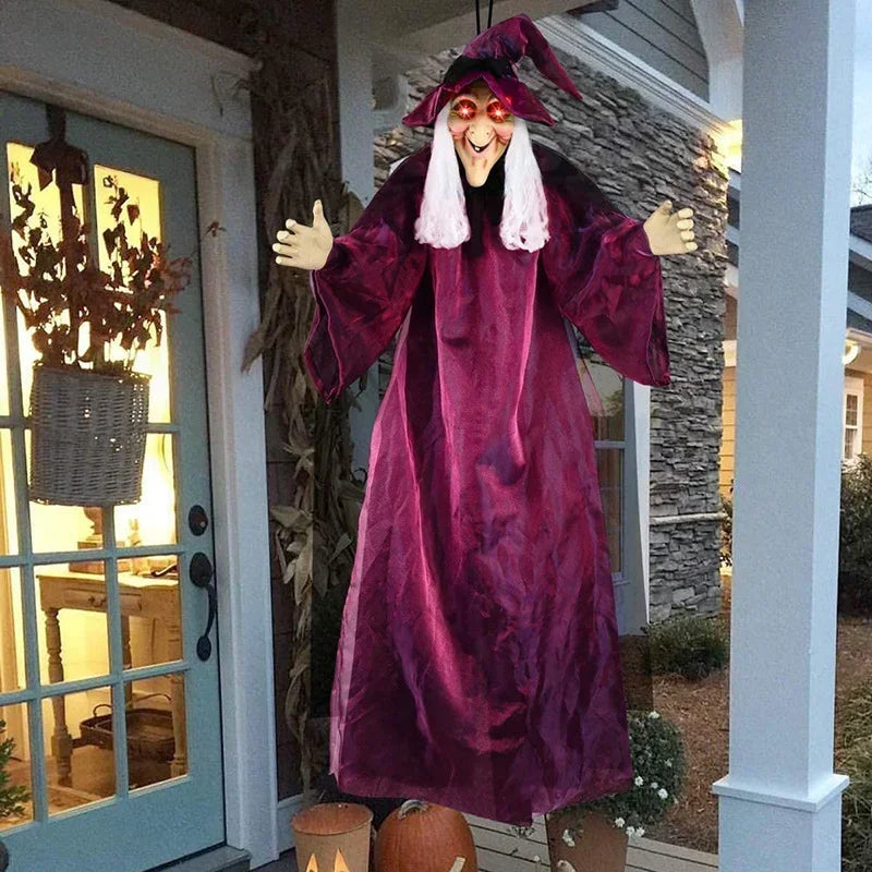 Halloween Life Size Talking Witch Purple Outdoor Spooky Scary Witch Animatronic Voice Controlled Glowing Screaming Decoration