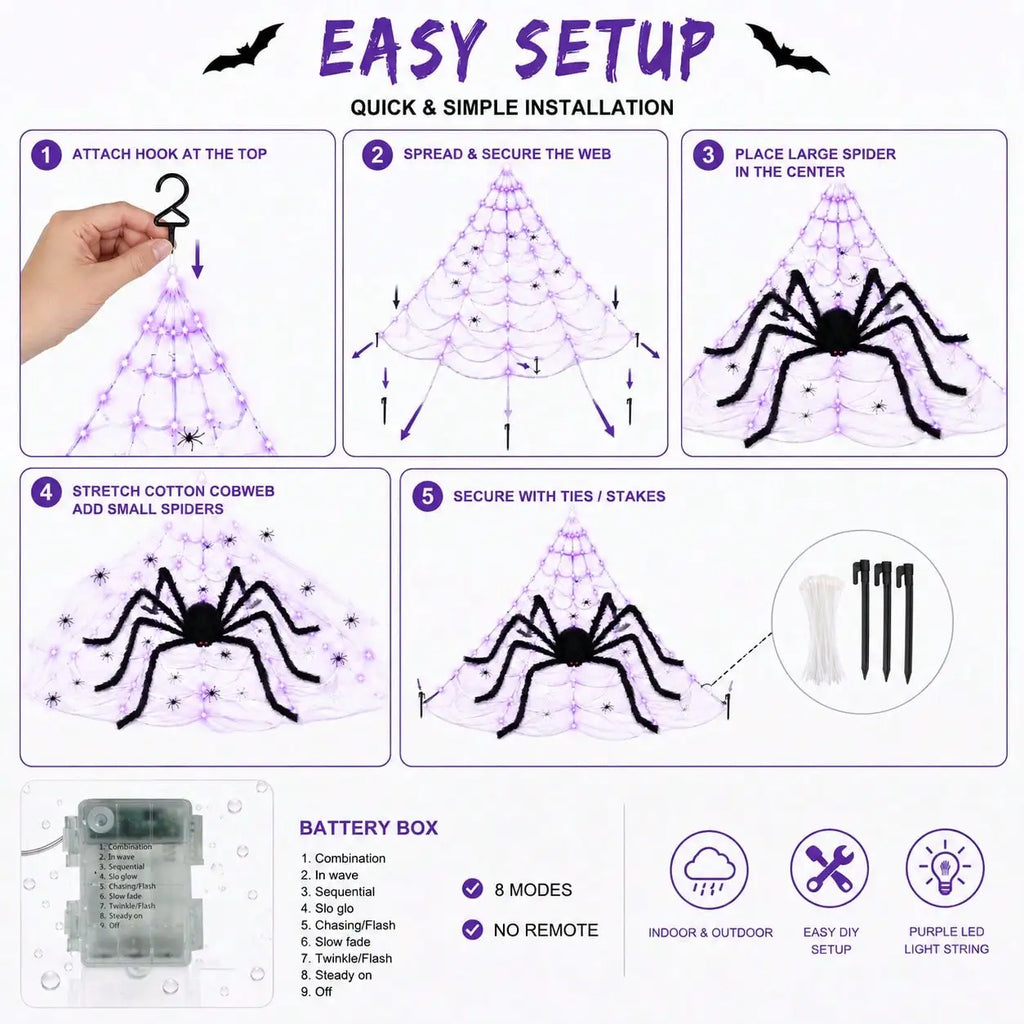 1pc Halloween Giant Spider Web Light With Big Spider Purple LED Battery Powered For Indoor Outdoor Yard Porch Garderd Home Decor