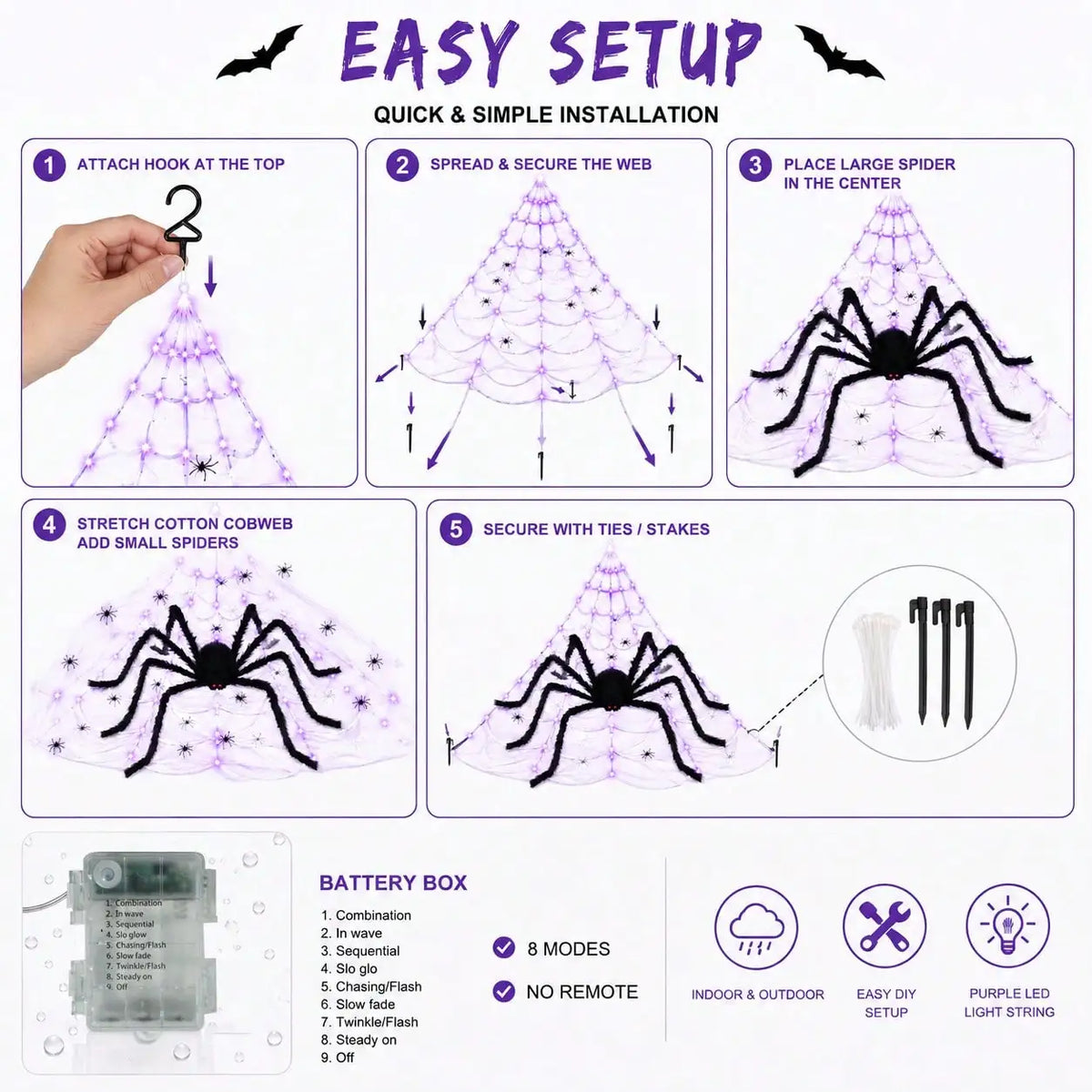 1pc Halloween Giant Spider Web Light With Big Spider Purple LED Battery Powered For Indoor Outdoor Yard Porch Garderd Home Decor