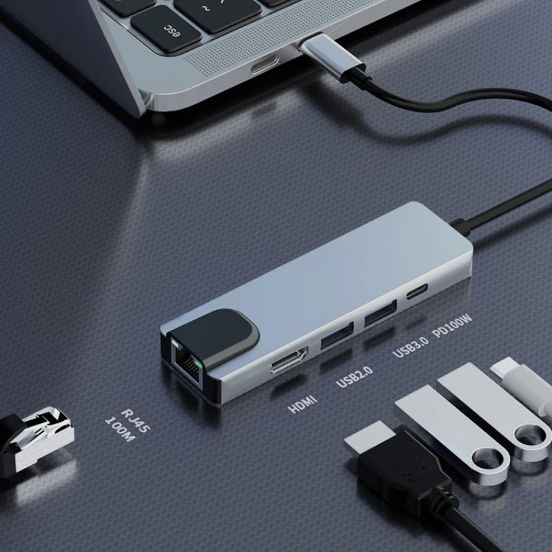5/8Ports USB C Docking Station Type C to HDMI 4K/RJ45 100M Splitter USB3.0 5Gbps High Speed USB C HUB Adapter For Laptop Macbook