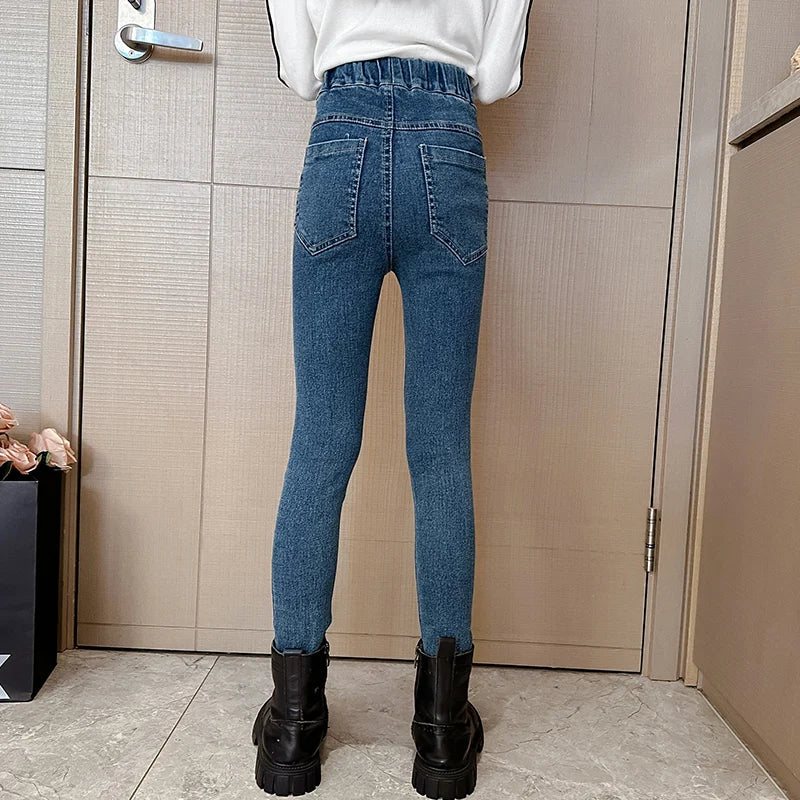 Girl Winter High Waist Insulate Skinny Jeans For Kids Black Blue Thermal Close-fitting Denim Pants Child Leggings Jeans Trousers