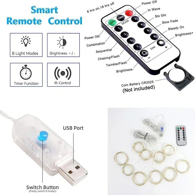 LED Curtain String Lights 8 Modes USB Plug Party Lights with Remote Control Fairy Garland Bedroom Wedding Christmas Decorations