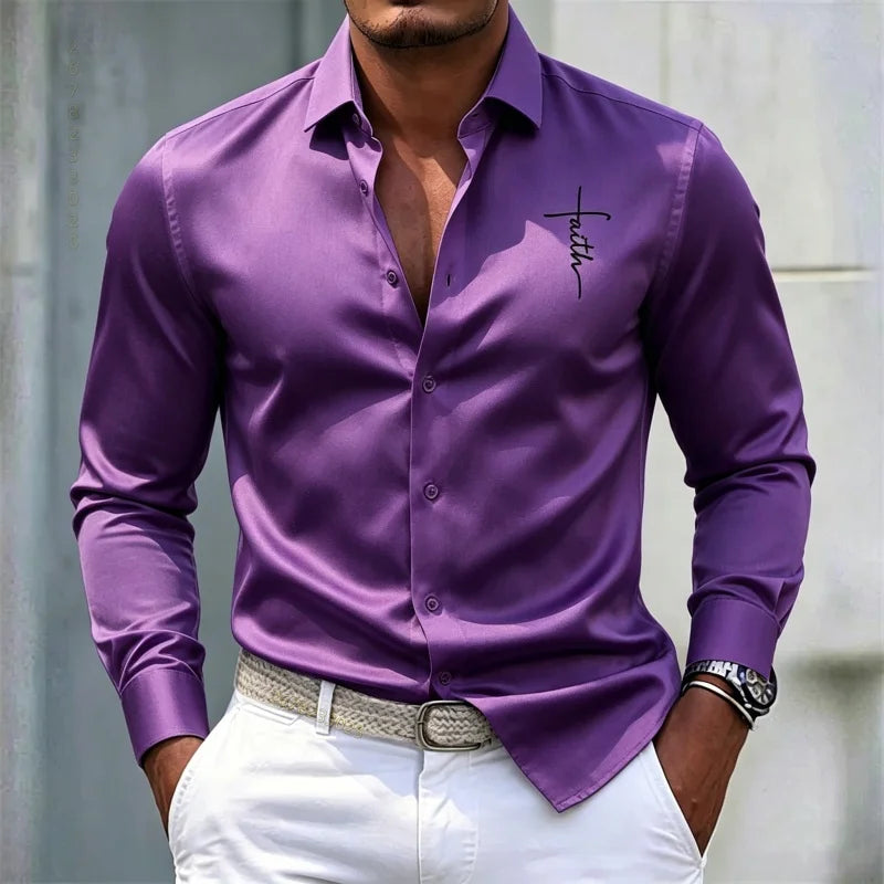 2026 new men's shirt solid color long sleeved shirt slim fit no iron business casual formal wear personalized letter printed top