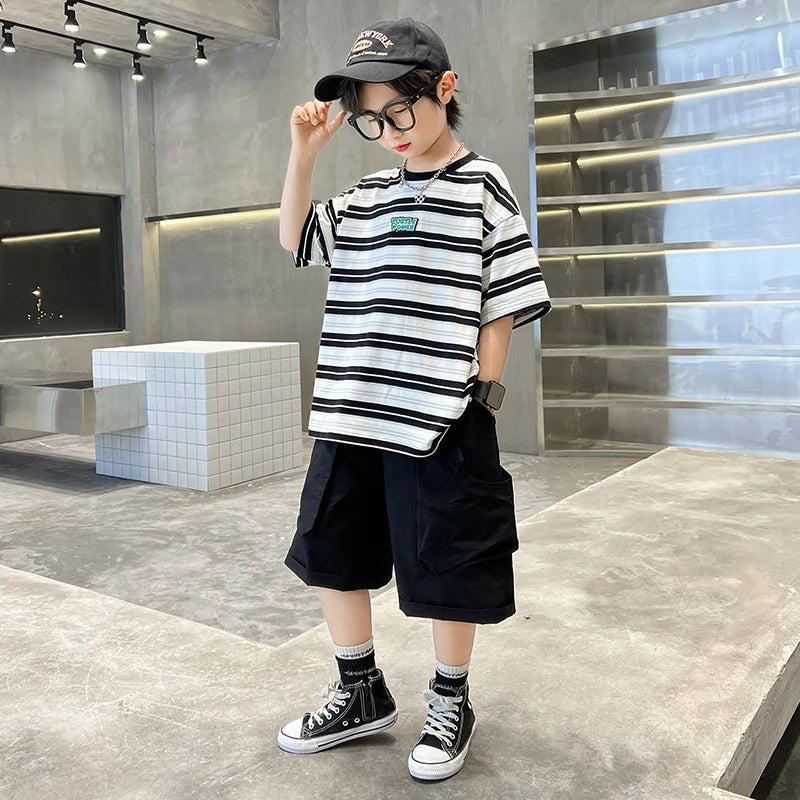 Children 2026 New Summer Striped Clothing Set Top And Bottom Suit for Tween Boys Casual Tracksuit Tshirt Shorts Kids Clothes Set