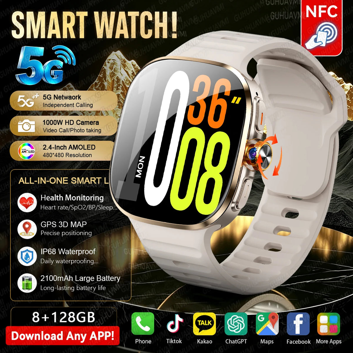 5G/4G Full Network Android Smart Watch With 2.4" AMOLED Display Independent Calling Camera GPS Wifi Bluetooth Sports Phone Watch