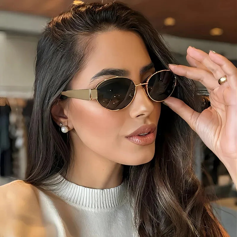 Oval sunglasses for women men trendy metal frame sun glasses classic shades