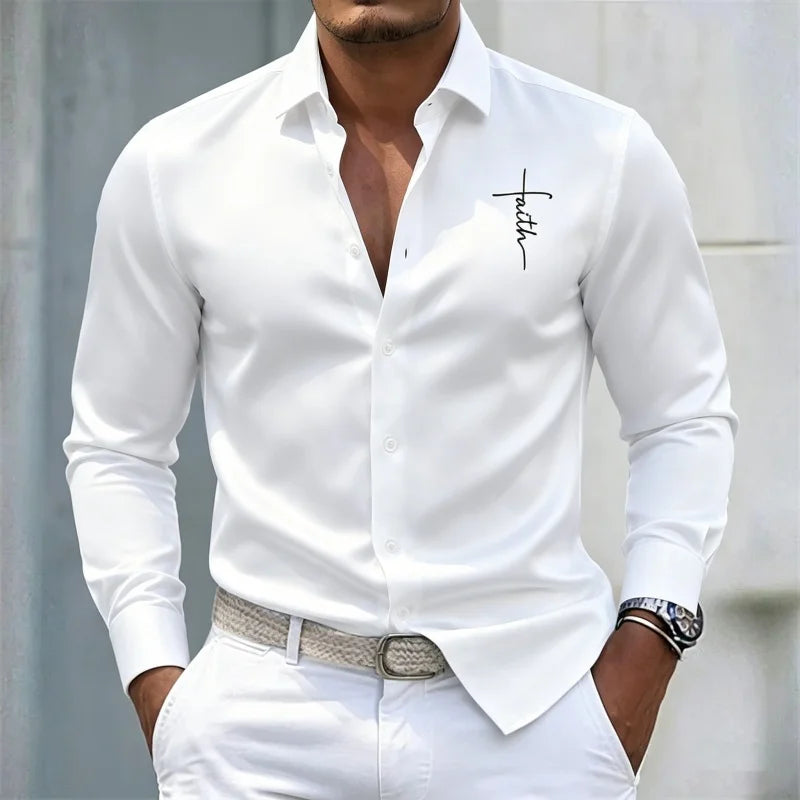 2026 new men's shirt solid color long sleeved shirt slim fit no iron business casual formal wear personalized letter printed top