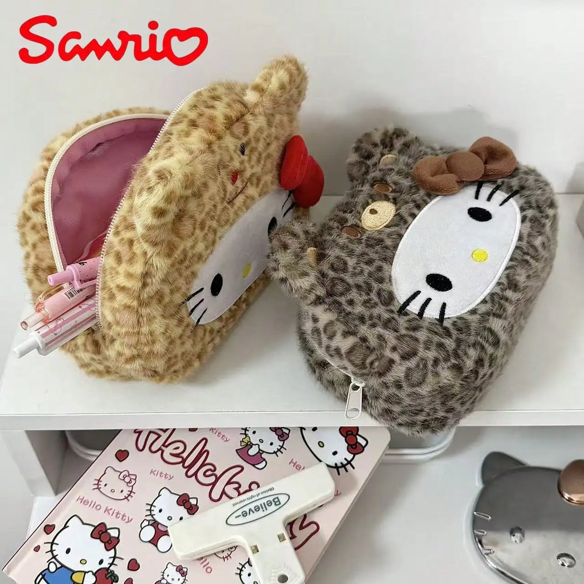 1pc Sanrio Ins Worthy Leopard Print Kitty Pencil Case, Stylish Makeup Bag, Student Pencil Case, Large Capacity Storage Bag
