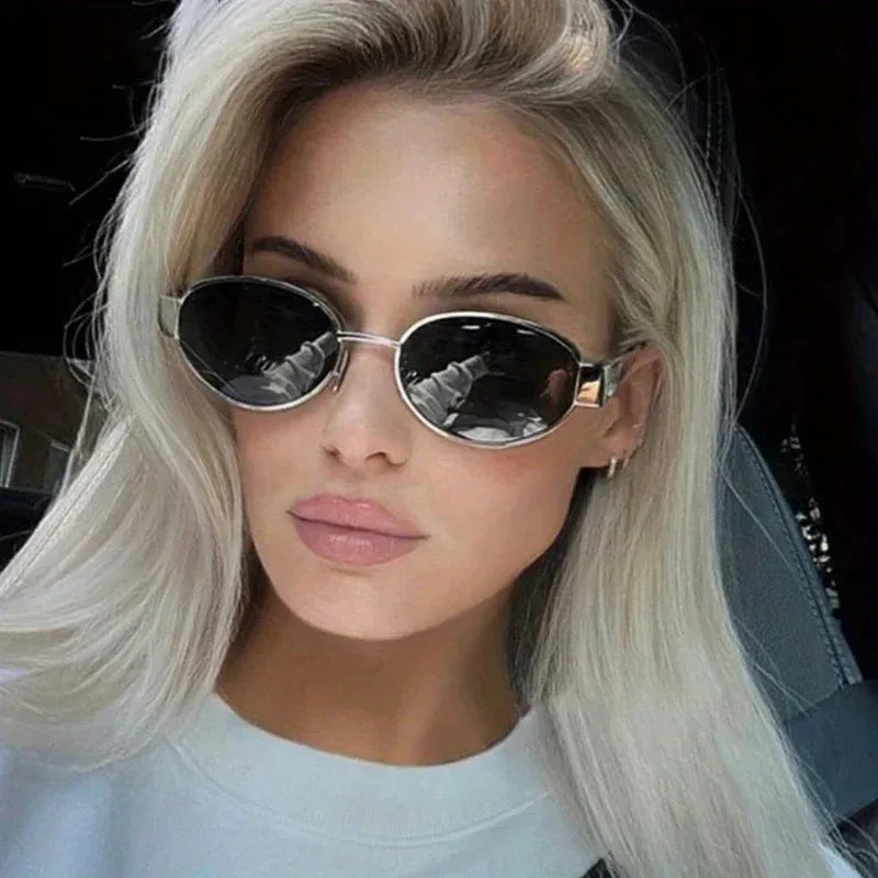 Oval sunglasses for women men trendy metal frame sun glasses classic shades