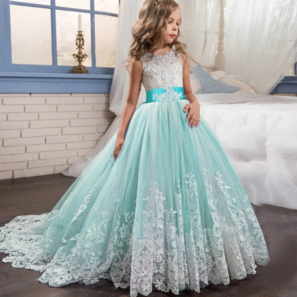 Girls' New Color-Block Lace Puffy Wedding Flower Girl Princess Dress