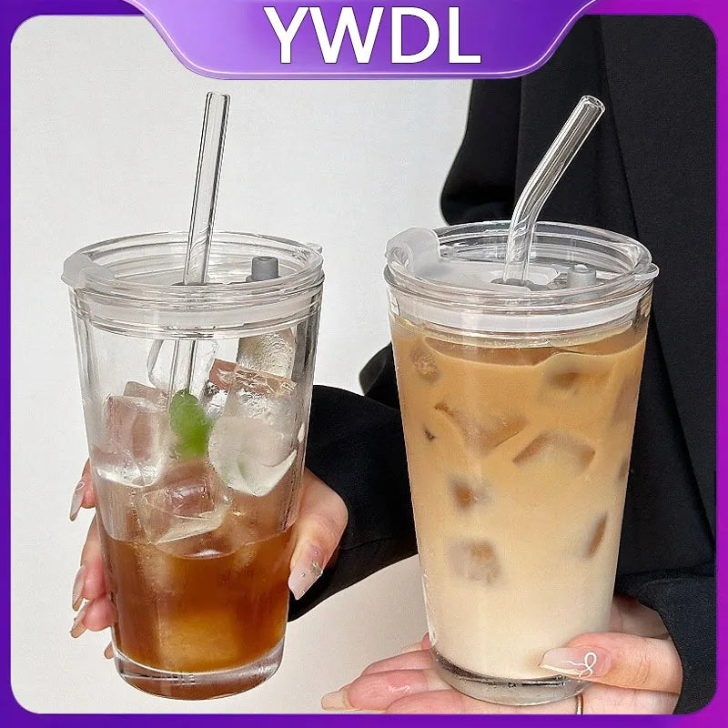 500ml Thickened Glass Cup with Straw & Sealed Lid Reusable Tumbler for Office Iced Beverage Mug  Home Juice Coffee Milk Tea Cup