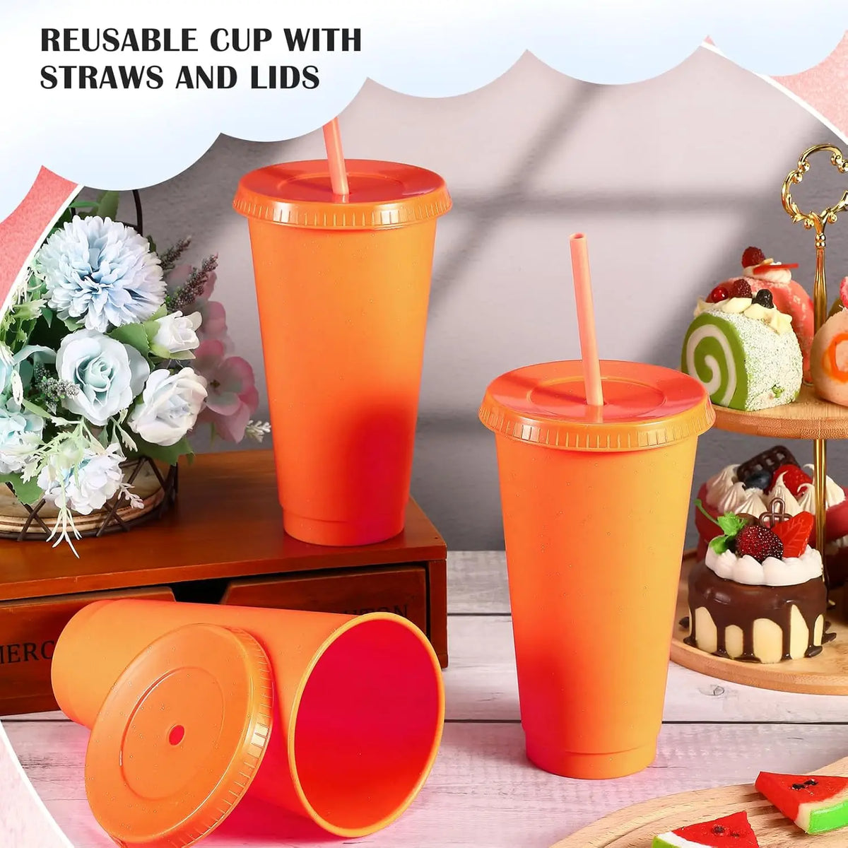 6 Pcs Reusable Tumbler with Lids and Straws Plastic Iced Coffee Tumbler Glitter Travel Mug Cup for Smoothie Juices Cold Drink