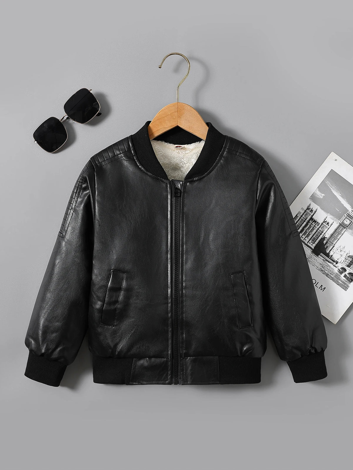 Children's Clothing Boys' Spring and Autumn Pu Leather Jacket, Retro Stylish High-End Jacket, Trendy Biker Jacket, Easy to Clean Classic Baseball Jacket, Outerwear