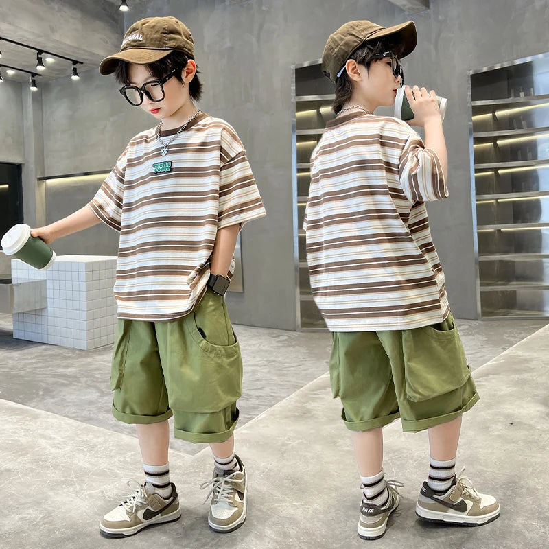 Children 2026 New Summer Striped Clothing Set Top And Bottom Suit for Tween Boys Casual Tracksuit Tshirt Shorts Kids Clothes Set