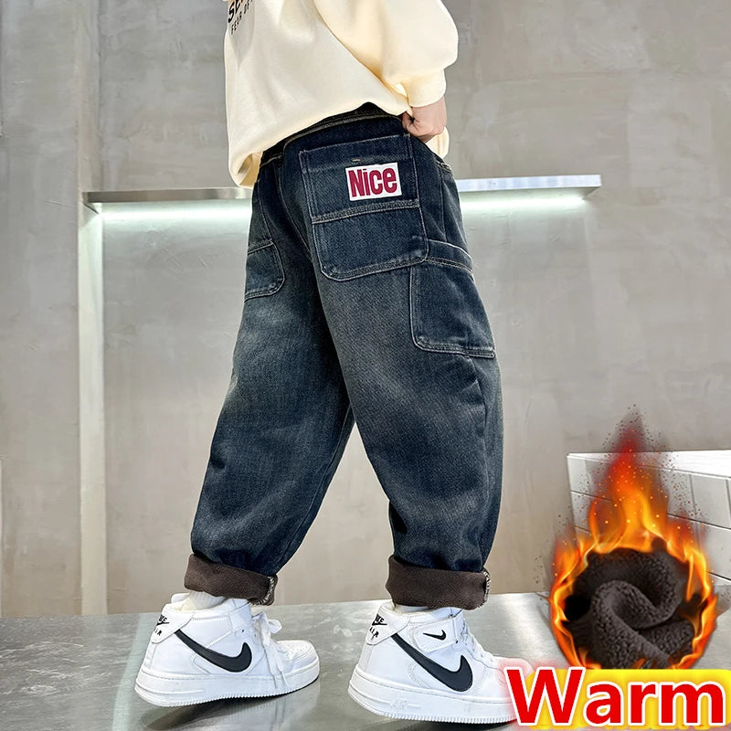 Cowboy Autumn Winter Big Boy Thermal Jeans High Street Denim Pants Kids Retro Blue Warm Baggy Insulated Jeans Trousers For Kids